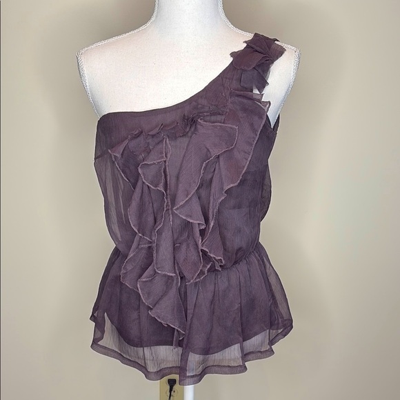 Papaya Purple Plum Asymmetrical One Shoulder Romantic Ruffled Blouse. Small - Picture 1 of 9